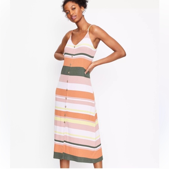LOFT Dresses & Skirts - LOFT Multi Color Stripe Spaghetti Strap Button Down
Boho/Cottage Midi Dress